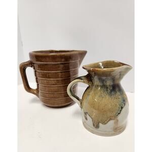 Pair of Ceramic Pitchers – Brown Ribbed & Multitone Glaze – Farmhouse Pottery